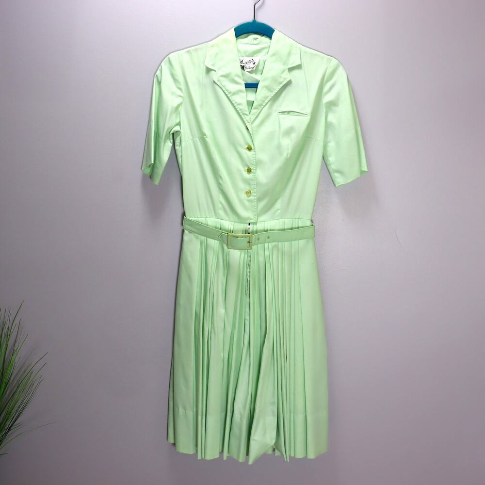 Vintage The Texas Shirtwaist Mint Green Belted Pleated‎ Shirt Dress